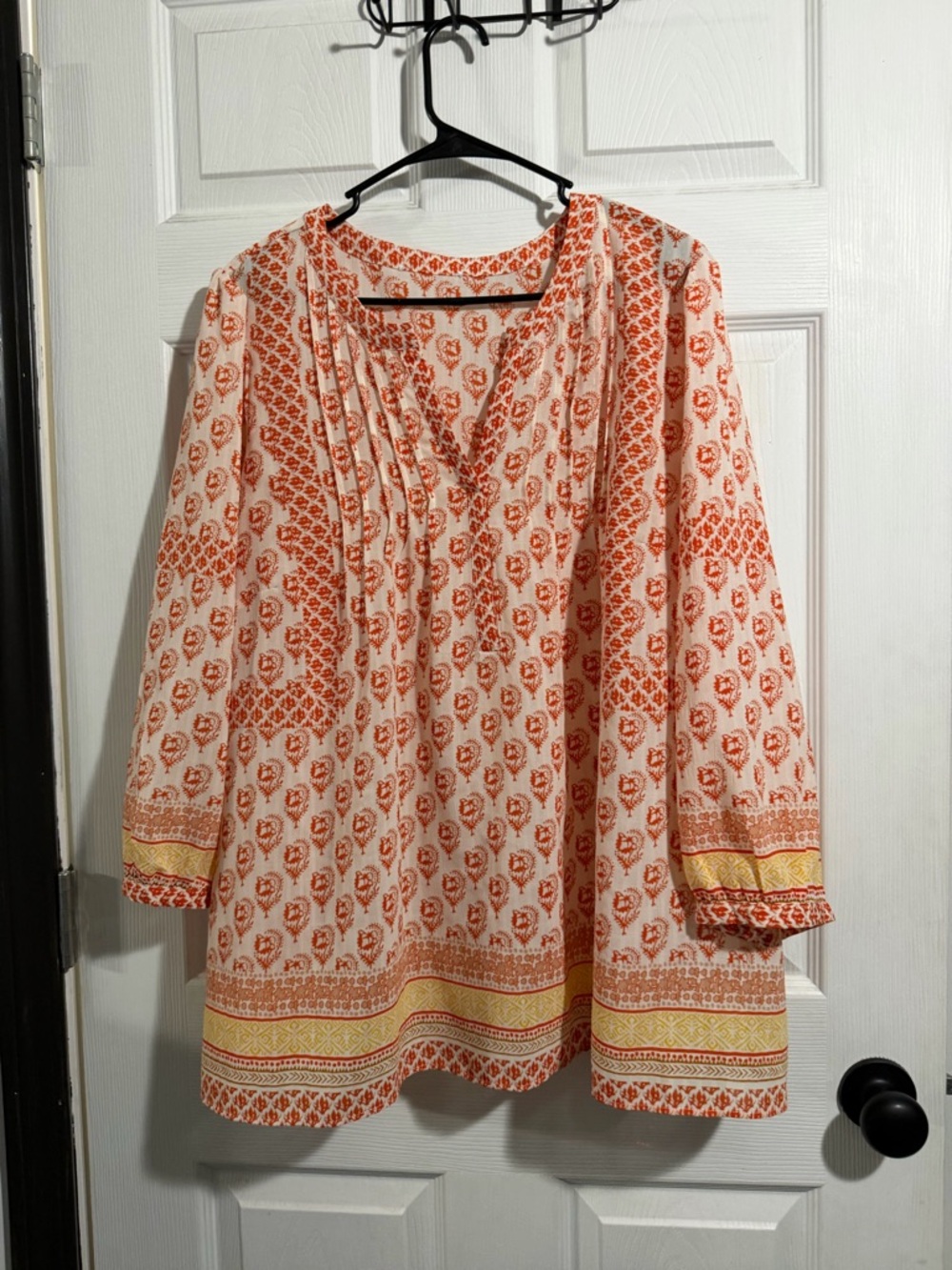 Womens Orange & Cream Printed Peasant Blouse
